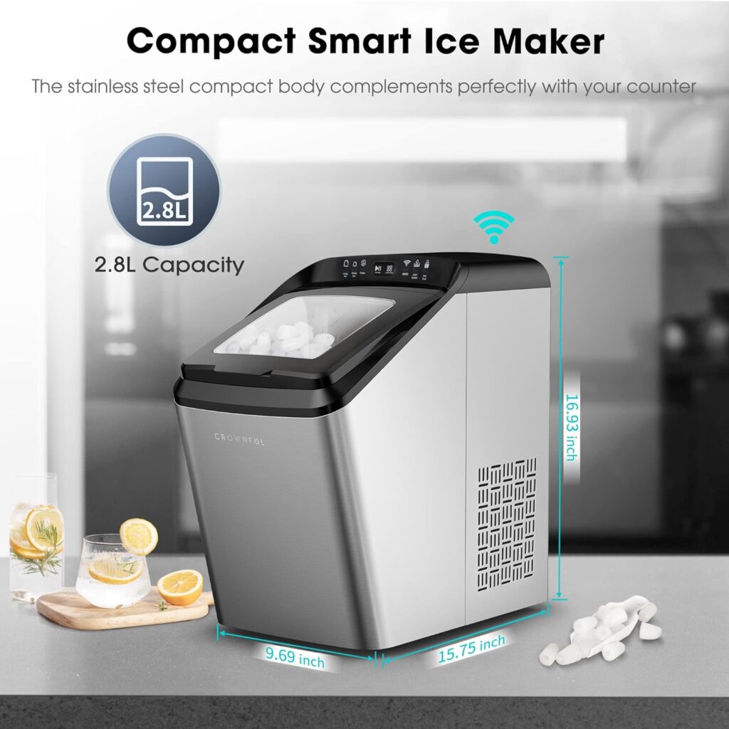 CROWNFUL Ice Maker Countertop Machine, 9 Bullet Ice Cubes Ready in 8 Minutes, 26lbs Ice in 24H, Electric Portable Ice Maker with Scoop and Basket for Home, Kitchen, Office, Party - Black