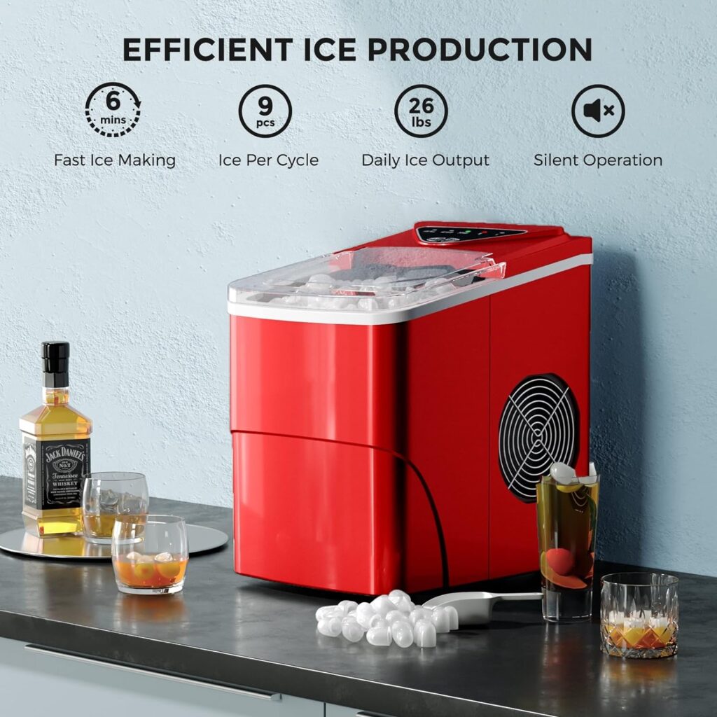 Ice Makers Countertop, Self-Cleaning Function, Portable Electric Ice Cube Maker Machine, 9 Pellet Ice Ready in 6 Mins, 26lbs 24Hrs with Ice Bags and Scoop Basket for Home Bar Camping RV(Black)