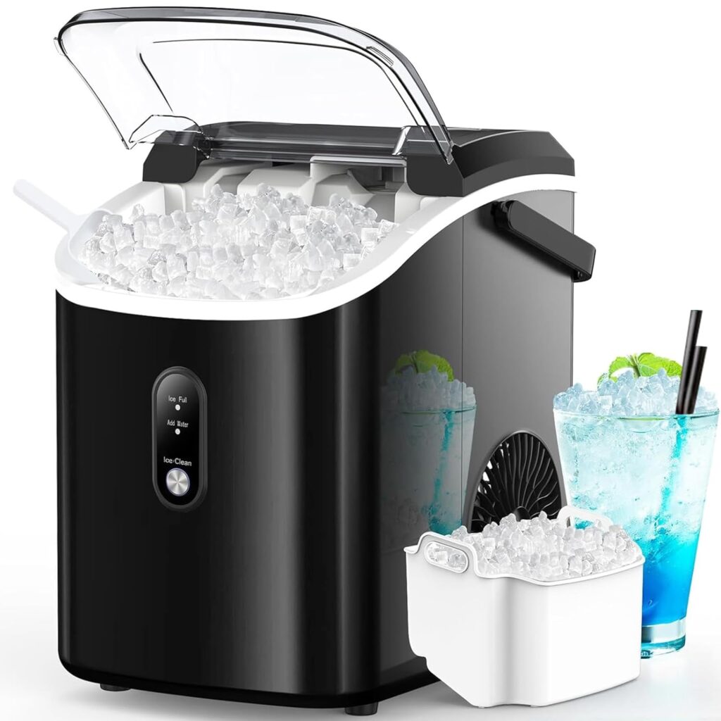 Kndko Nugget Ice Maker Countertop,34lbs/Day,Portable Crushed Ice Machine,Self Cleaning with One-Click Design  Removable Top Cover,Soft Chewable Pebble Ice Maker for Home Bar Camping RV,Black Basic