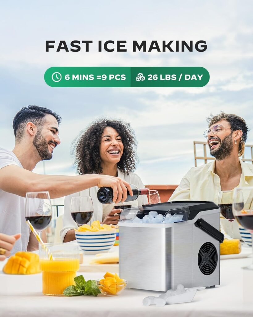 Silonn Countertop Ice Maker - 9 Cubes Ready in 6 Mins, 26lbs in 24Hrs, Portable Ice Machine with Self-Cleaning, 2 Sizes of Bullet Ice for Home/Kitchen/Party/RV, Black