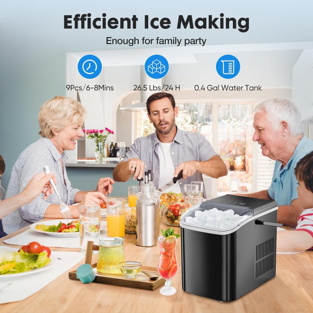 Sweetcrispy Countertop Ice Maker, Portable Ice Machine Self-Cleaning with Ice Scoop, Basket and Handle, 9 Cubes in 6 Mins, 26.5lbs/24Hrs, 2 Sizes of Bullet Ice for Home Kitchen Office Party, Black