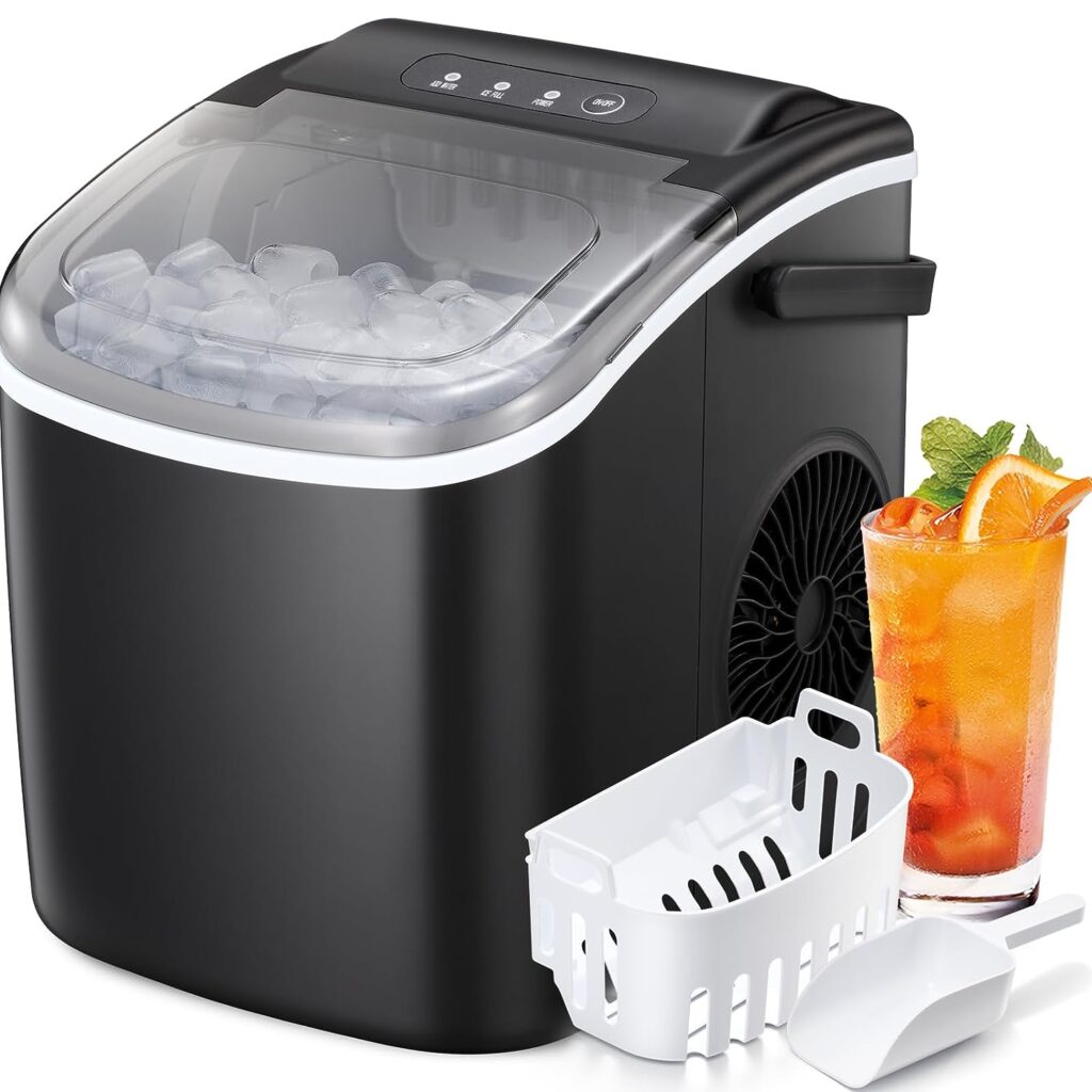 Antarctic Star Countertop Ice Maker Portable Ice Machine with Handle,Self-Cleaning Ice Makers, 26Lbs/24H, 9 Ice Cubes Ready in 6 Mins for Home Kitchen Bar Party (Black)