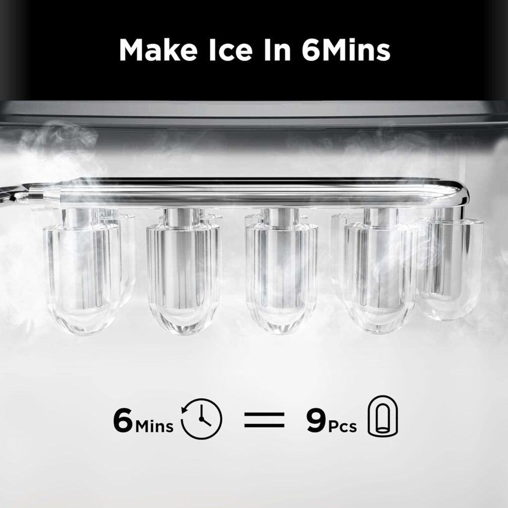 Bebisuny Countertop Ice Maker, 9 Cubes Ready in 6 Mins, 26lbs in 24Hrs, Self-Cleaning Ice Machine with Ice Scoop and Basket, 2 Sizes of Bullet Ice for Home Kitchen Office Bar Party, Black
