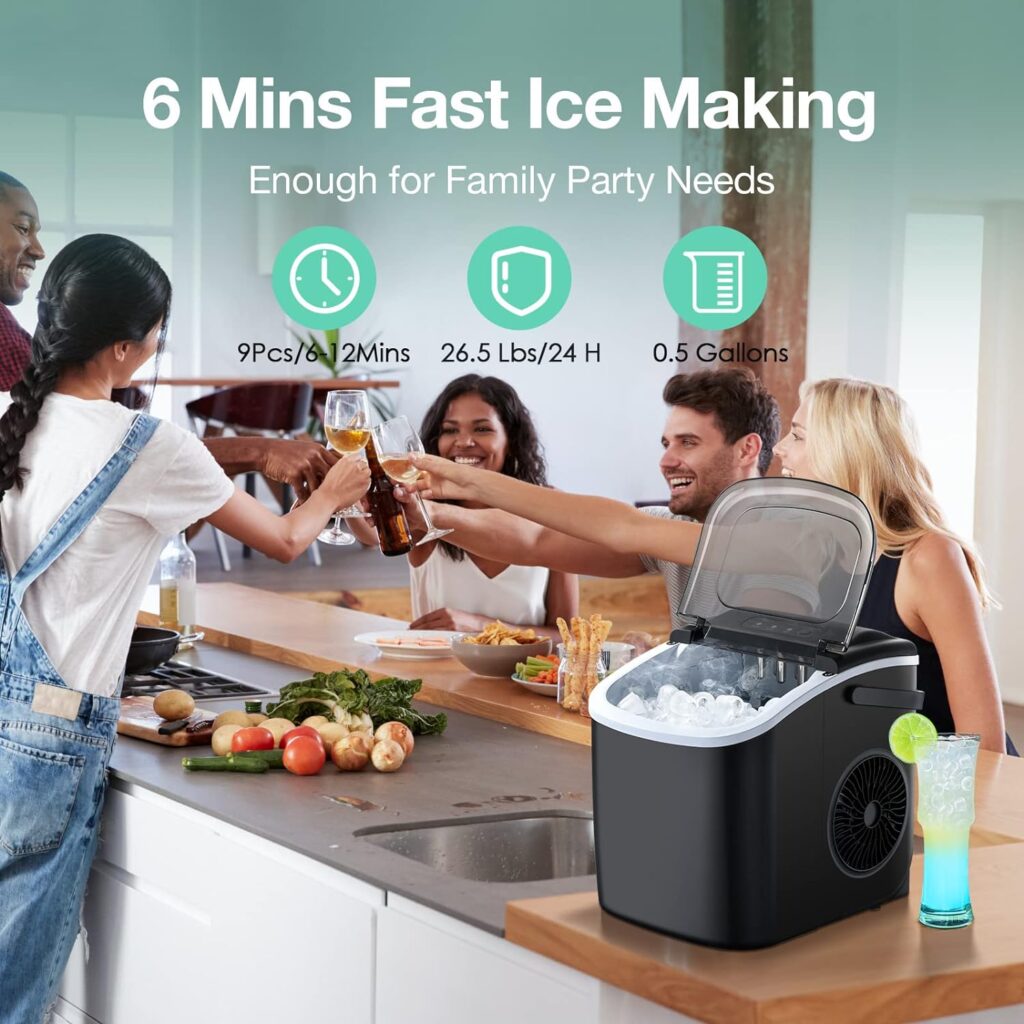 Countertop Ice Maker, Ice Maker Machine 6 Mins 9 Bullet Ice, 26.5lbs/24Hrs, Portable Ice Maker Machine with Self-Cleaning, Ice Scoop, and Basket, Compact Ice Maker (Renewed)