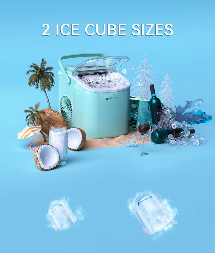 ecozy Portable Ice Maker Countertop, 9 Cubes Ready in 6 Mins, 26 lbs in 24 Hours, Self-Cleaning Machine with Ice Bags/Standing Ice Scoop/Ice Basket for Kitchen Office Bar Party, Aqua