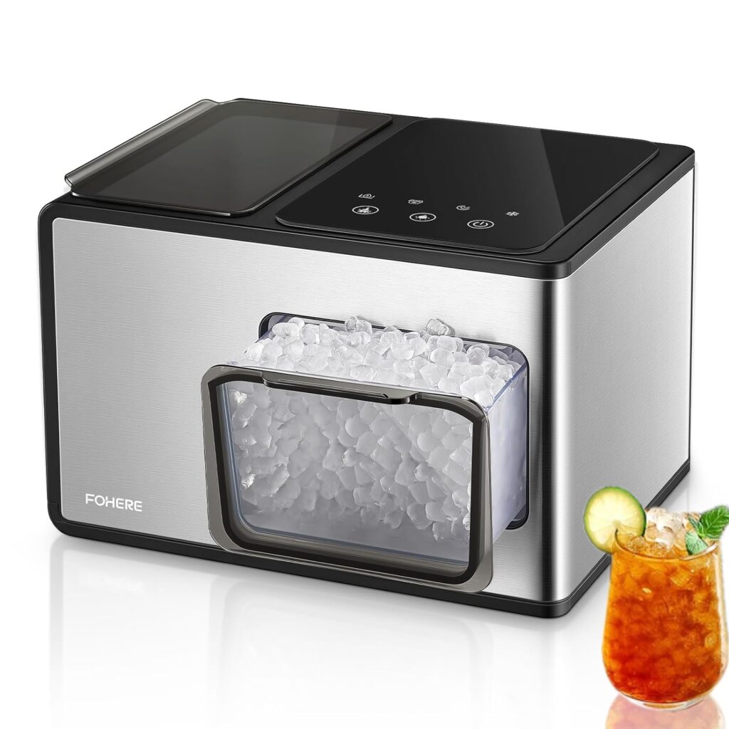 FOHERE V4.0 Nugget Ice Makers Countertop, Up to 35 lbs. of Ice per Day, Quiet Pebble Ice Maker, Self-Cleaning, Touch Panel, Compact for Home/Kitchen/Office/Bar/Party, Stainless Steel Finish