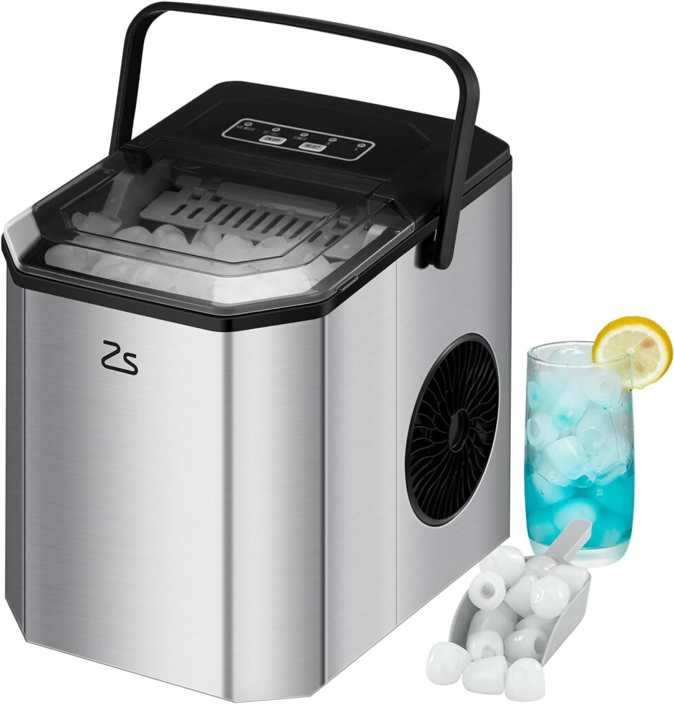Ice Maker Countertop with Bullet Ice, Zstar 10,000pcs/26Lbs/Day, Portable Ice Machine with Ice Scoop, 45lb Quiet Design and Self-Cleaning Function for Kitchen Office Stainless Steel