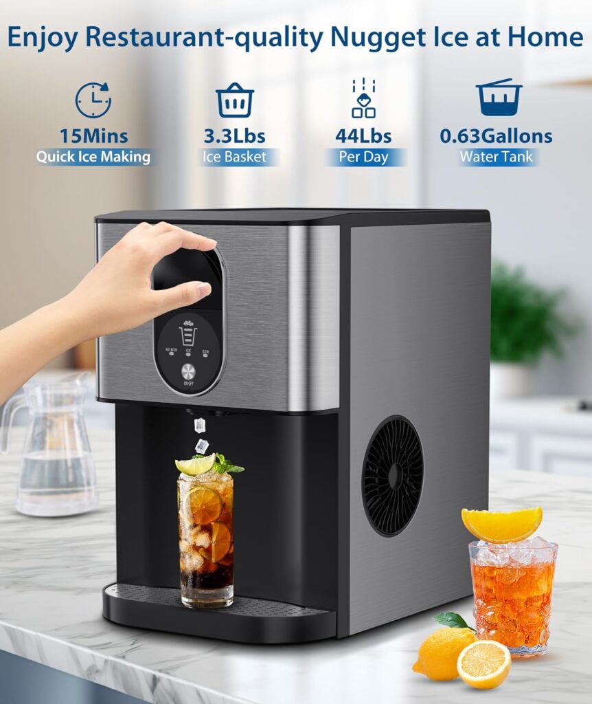 Joy Pebble Ice Maker, Self Dispensing Countertop Nugget Ice Maker, 44lbs/24H, 15 mins Quick IceMaking, Ice Indicator, Self-Cleaning, Crushed Ice Maker countertop for Kitchen Home Party