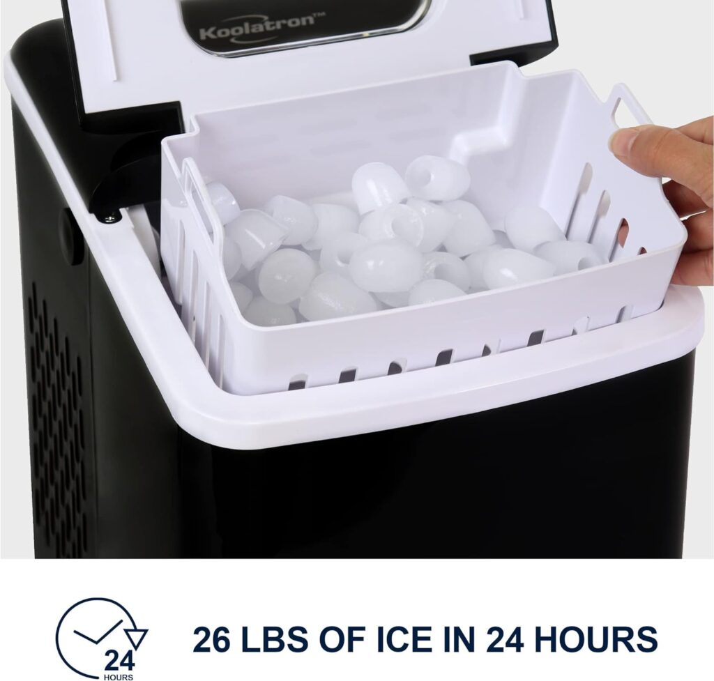 Koolatron Compact Countertop Ice Maker Machine with Digital Controls and LED Indicators, Ice Cubes Ready in 6-8 Minutes, Makes 26 lbs of Ice per Day Best for Parties, Home, Office, Bar (Black)