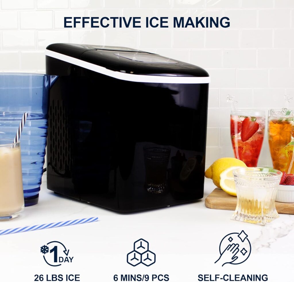 Koolatron Compact Countertop Ice Maker Machine with Digital Controls and LED Indicators, Ice Cubes Ready in 6-8 Minutes, Makes 26 lbs of Ice per Day Best for Parties, Home, Office, Bar (Black)