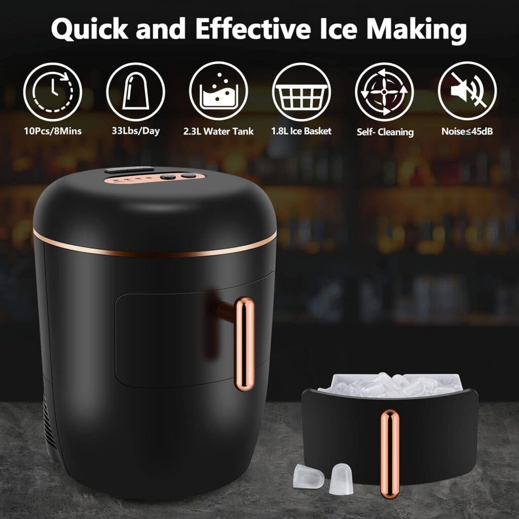 KUMIO Ice Maker Countertop, Retro Design Bullet Clear Ice 10pcs in 8Mins, 33Lbs/Day, 2.5Qt Water Reservoir  2 Ice Size (S/L), Self-Cleaning Portable Ice Machine with Ice Basket and Scoops