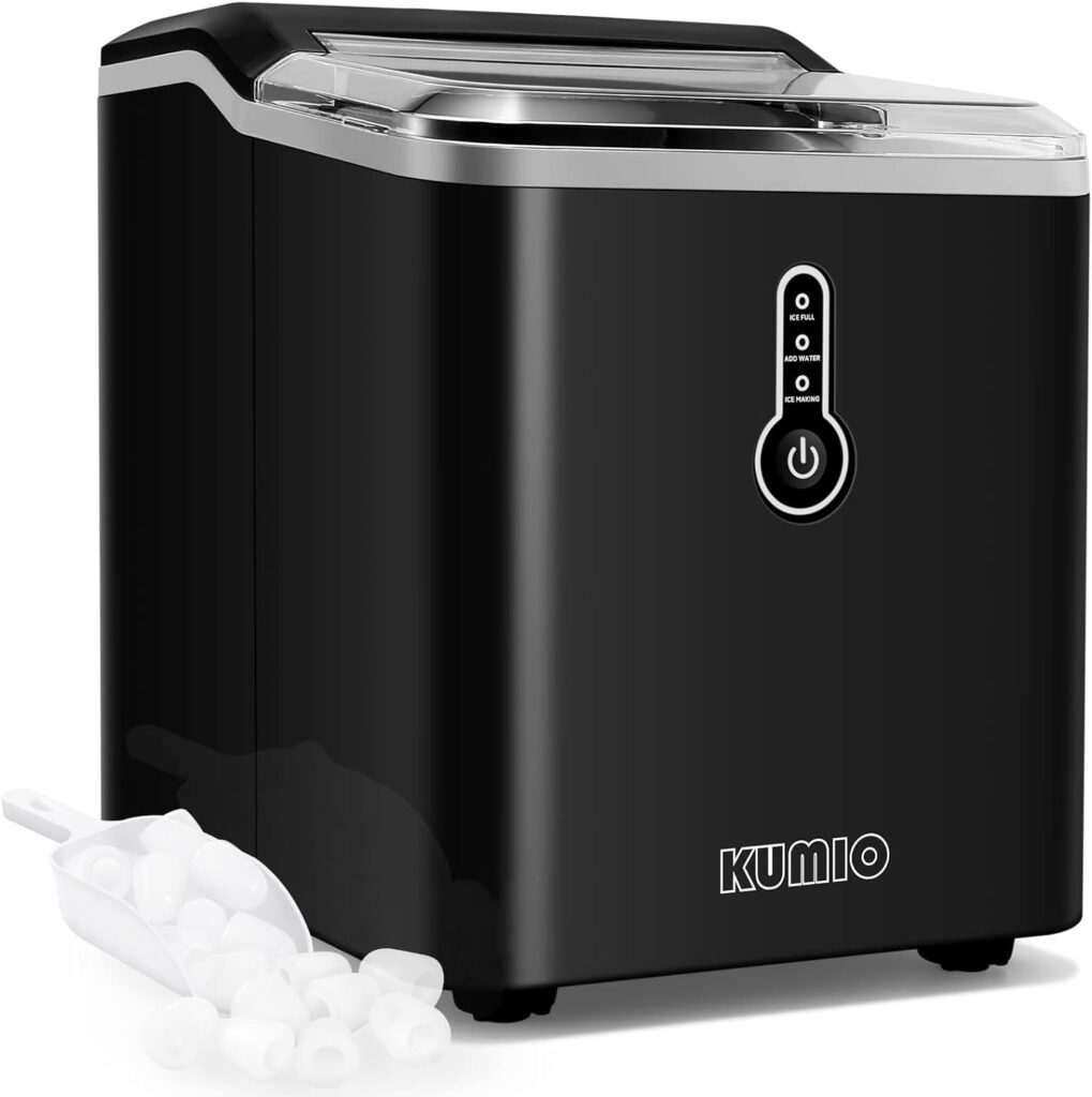 KUMIO Ice Makers Countertop, 9 Thick Bullet Ice Ready in 6-9 Mins, 26.5 Lbs in 24Hrs, Portable Ice Maker with Ice Scoop and Basket, Compact Design for Home Kitchen Office Bar Party, Black
