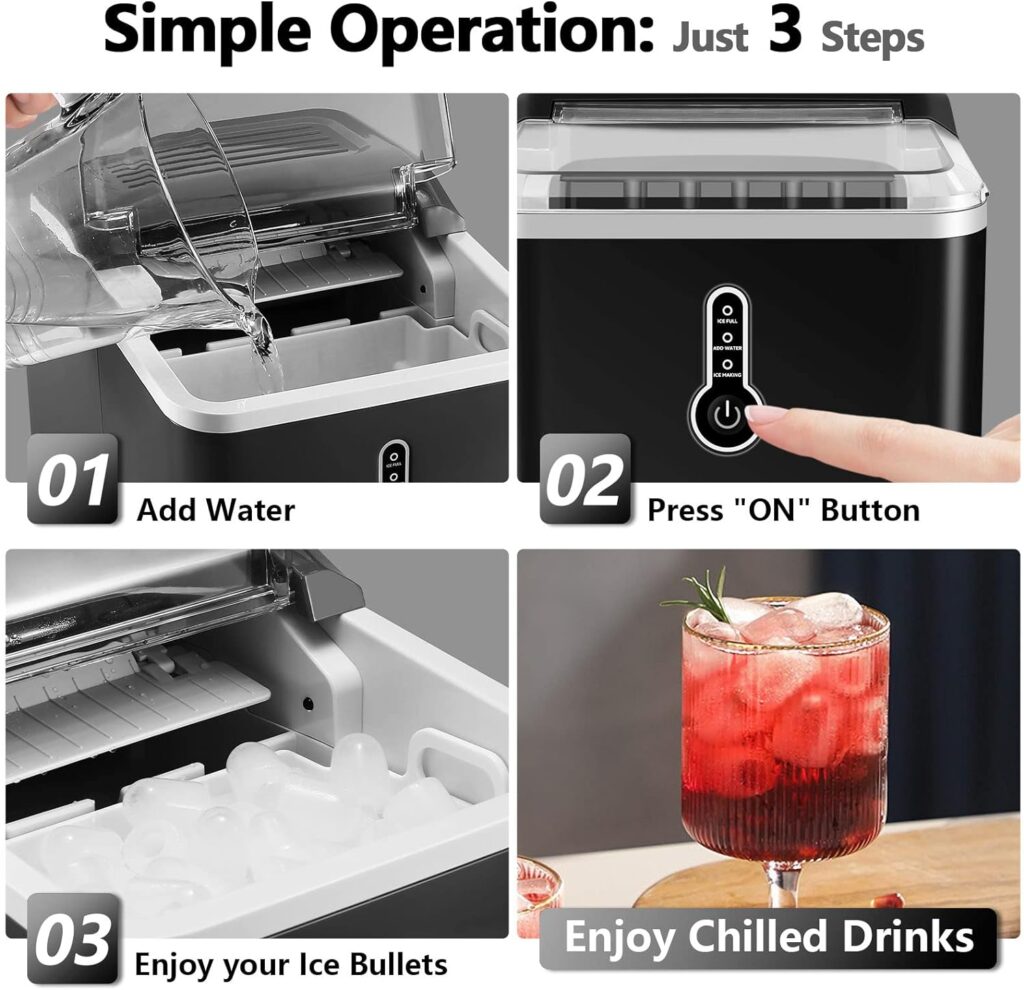 KUMIO Ice Makers Countertop, 9 Thick Bullet Ice Ready in 6-9 Mins, 26.5 Lbs in 24Hrs, Portable Ice Maker with Ice Scoop and Basket, Compact Design for Home Kitchen Office Bar Party, Black