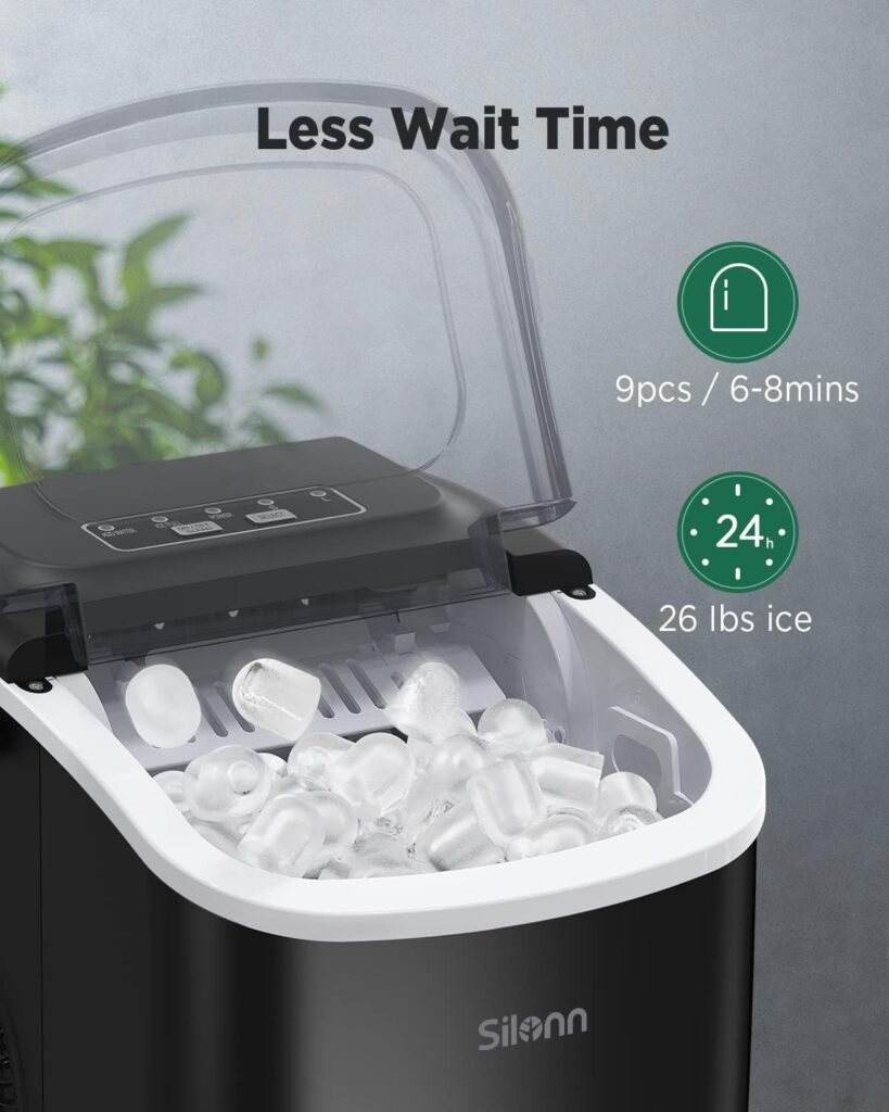 Silonn Countertop Ice Maker, 9 Cubes Ready in 6 Mins, 26lbs in 24Hrs, Self-Cleaning Ice Machine with Ice Scoop and Basket, 2 Sizes of Bullet Ice for Home Kitchen Office Bar Party,Black…