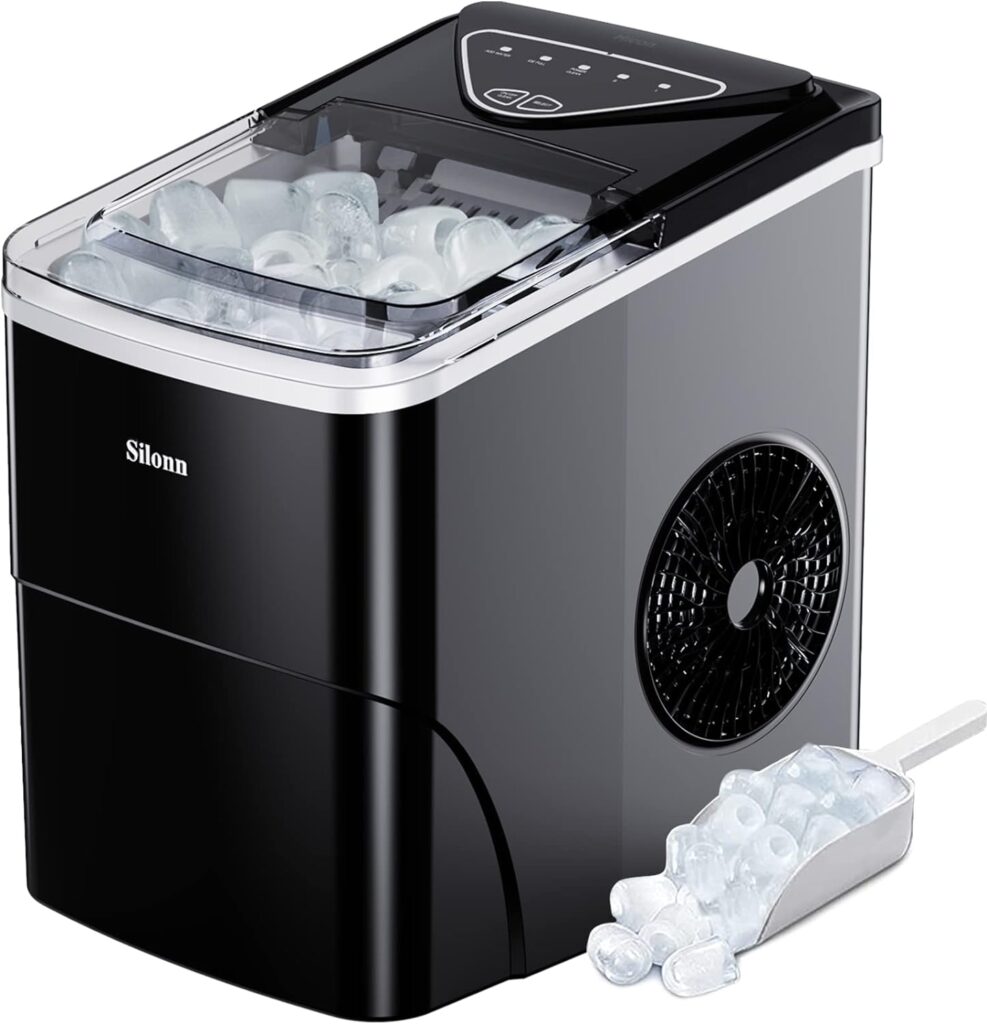 Silonn Ice Maker Countertop, 9 Cubes Ready in 6 Mins, 26lbs in 24Hrs, Self-Cleaning Ice Machine with Ice Scoop and Basket, 2 Sizes of Bullet Ice for Home Kitchen Office Bar Party