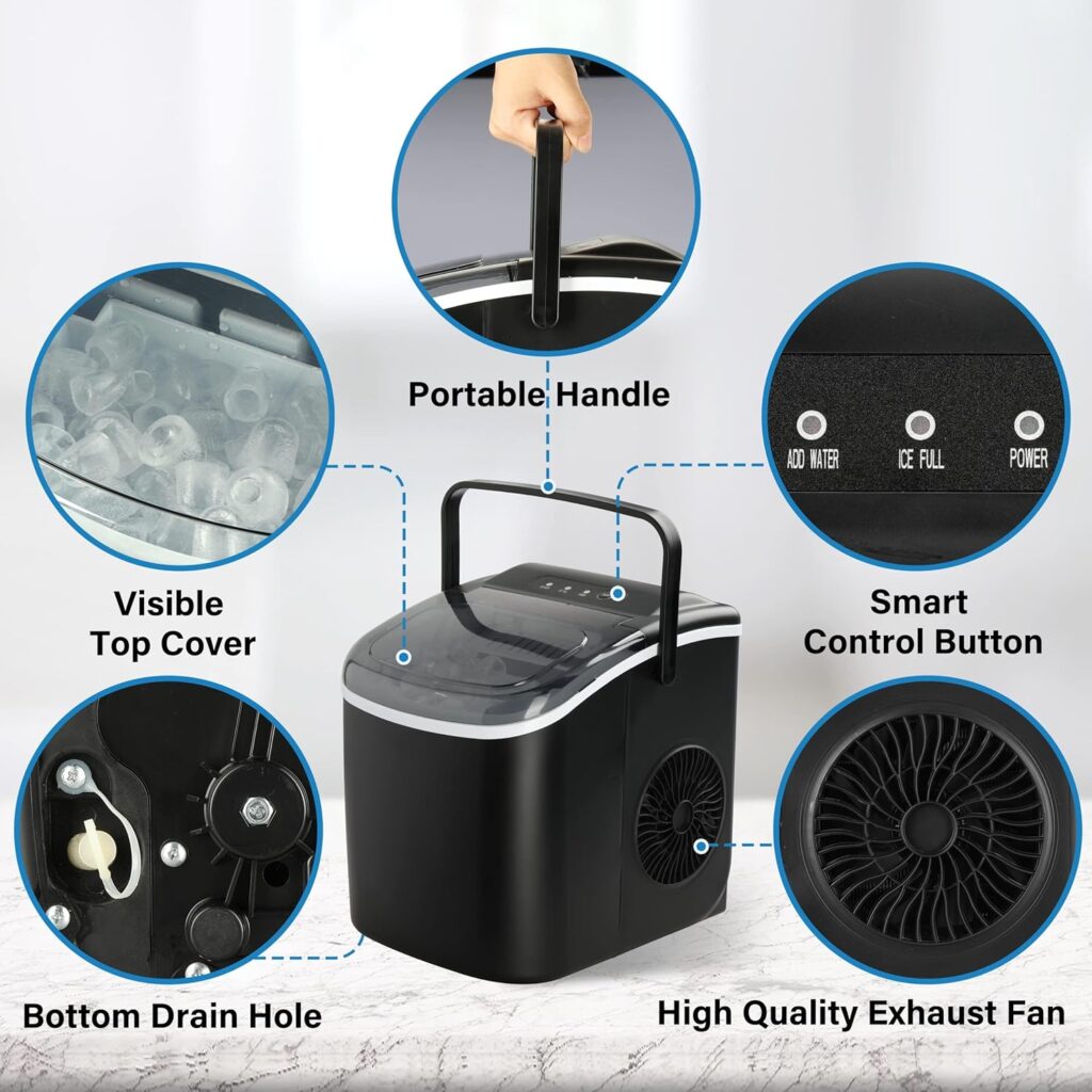 Simple Deluxe Ice Maker for Countertop, Self-Cleaning, Portable Ice Machine with Scoop and Basket, 26lbs Ice/24Hrs, 6 Mins 9 Bullet Ice, 13.7lbs, for Home Kitchen Office, Black