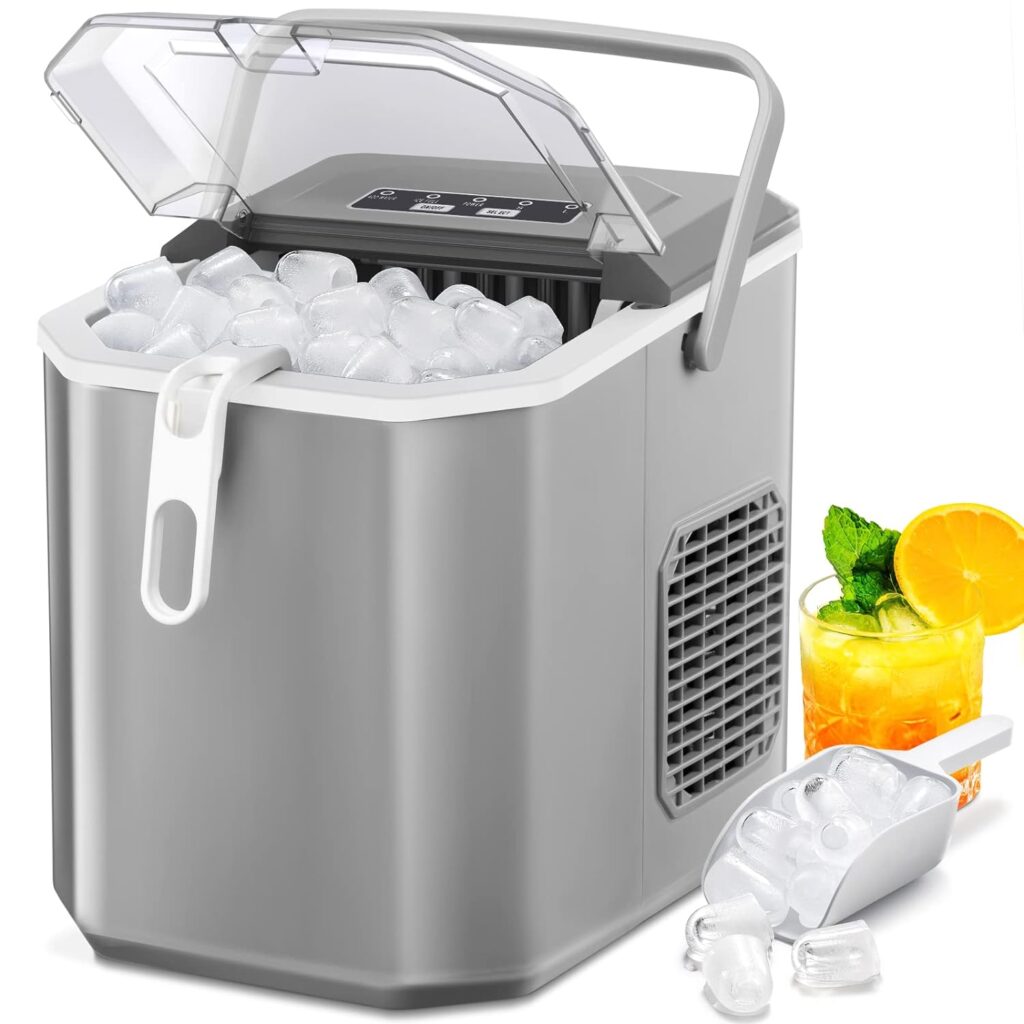 Xbeauty Ice Makers Countertop,Protable Machine with Self-Cleaning, 26Lbs/24H,9Ice Cubes/8 Mins,Ice Bags,Ice Scoop, and Basket for Home/Kitchen/Office/Party-Grey-Diamond Design