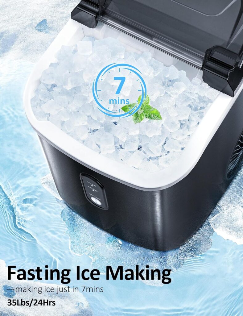 ZAFRO Nugget Ice Maker Countertop, Pebble Machine with Self-Cleaning, 35Lbs/24Hrs, Pellet Maker with Ice Basket/Ice Scoop/Ice Bag for Home/Office/Bar/Party, Black