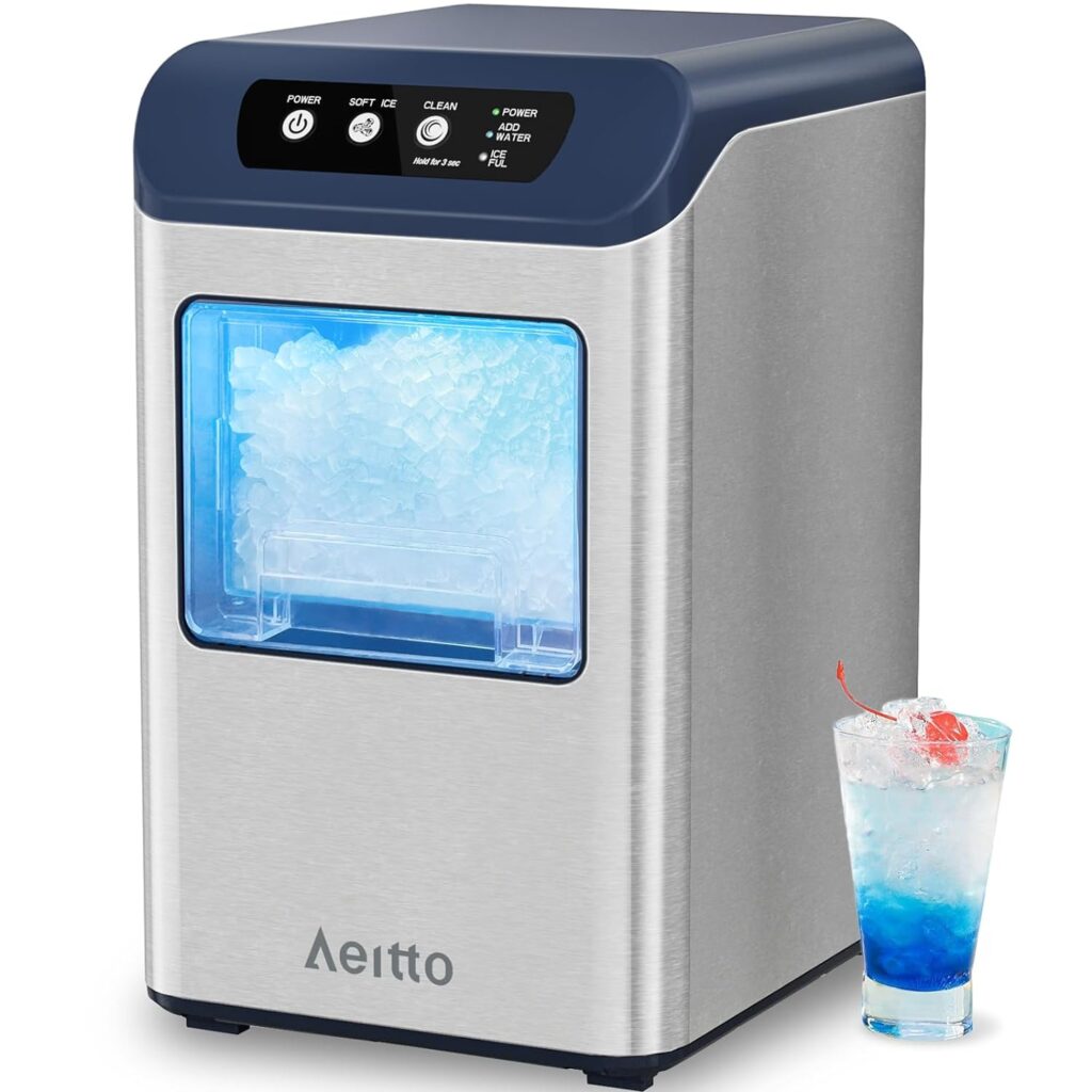 Aeitto Nugget Ice Maker Countertop, 55 lbs/Day, Chewable Ice Maker, Rapid Ice Release in 5 Mins, Auto Water Refill, Self-Cleaning, Stainless Steel Housing Ice Machine, Blue