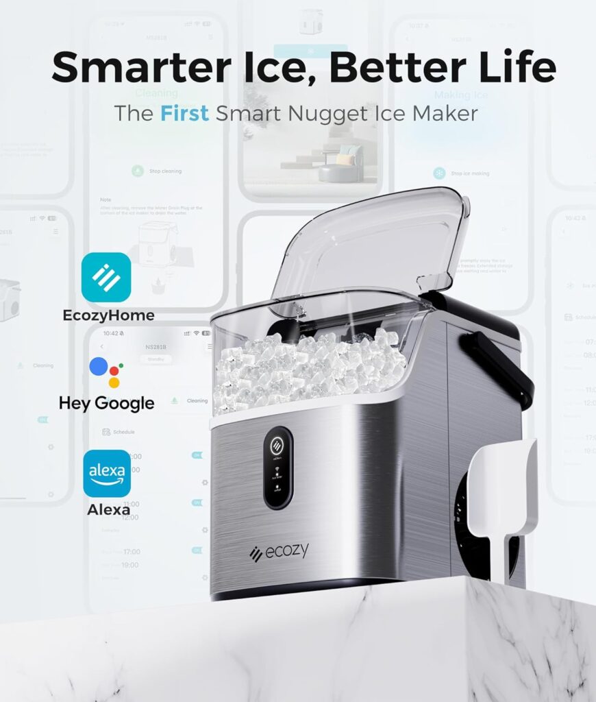 ecozy Smart Nugget Ice Maker Countertop, Pebble Ice Maker with 35lbs/24H Soft Chewable Ice, Self-Cleaning Ice Machine with Voice Control for Home Kitchen Party Bar Office, Stainless Steel